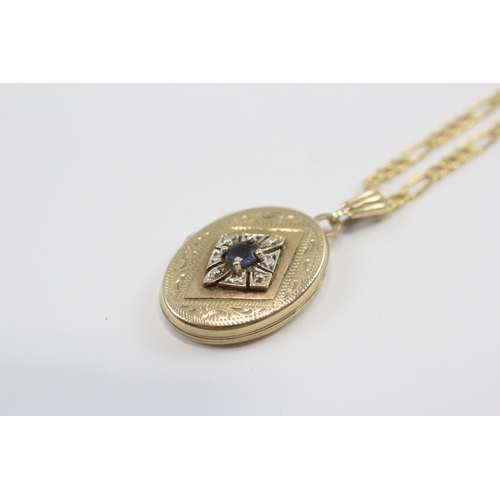 124 - 9ct Gold Sapphire Oval Locket Pendant Necklace (3.6g)