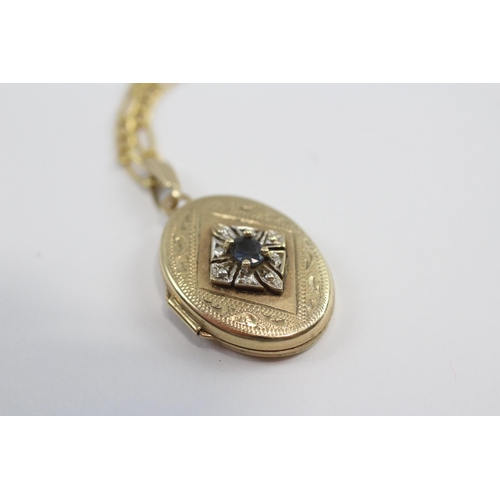 124 - 9ct Gold Sapphire Oval Locket Pendant Necklace (3.6g)