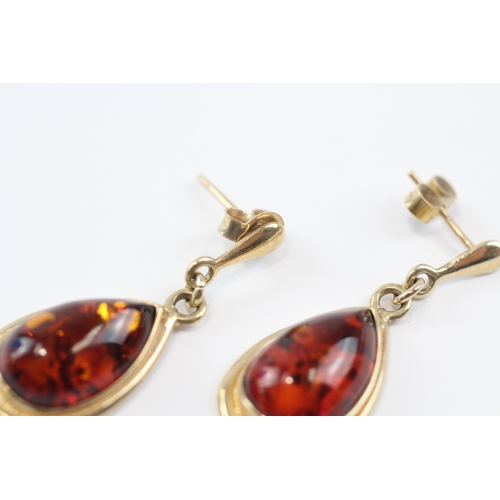 133 - 9ct Gold Amber Drop Earrings (4.2g)