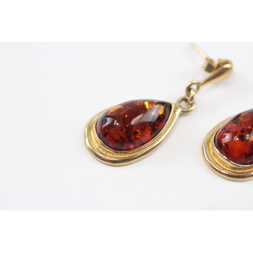 133 - 9ct Gold Amber Drop Earrings (4.2g)