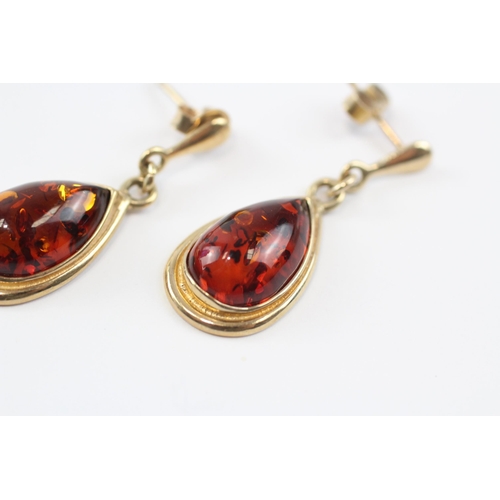 133 - 9ct Gold Amber Drop Earrings (4.2g)