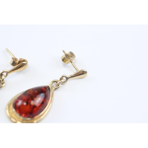 133 - 9ct Gold Amber Drop Earrings (4.2g)