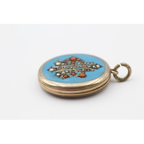 163 - 9ct Gold Back & Front Antique Blue Enamel Oval Locket Pendant With Seed Pearl & Coral Highlights (13... 