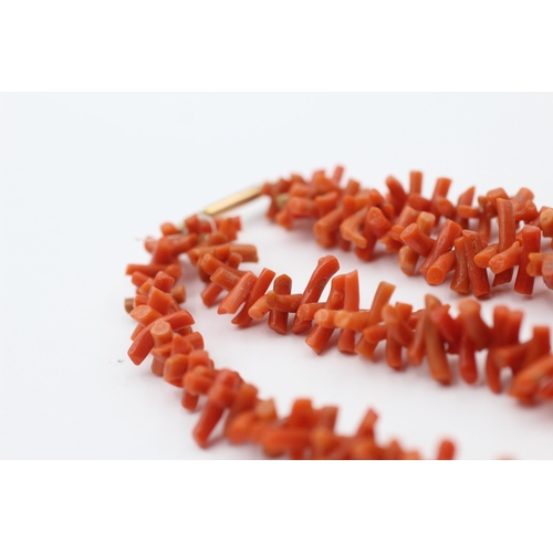 164 - 9ct Gold Clasp Antique Coral Chips Double Strand Necklace (48.7g)