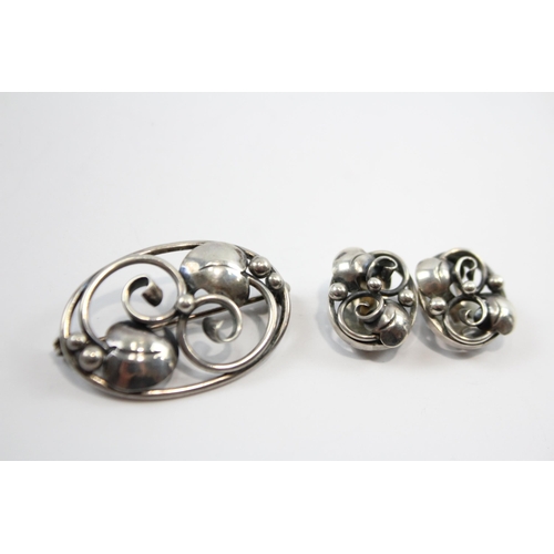 179 - Silver Foliate Brooch And Clip On Earrings Set By Danish Maker Scf