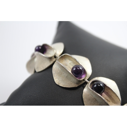 183 - Silver Modernist Bracelet Set With Amethyst