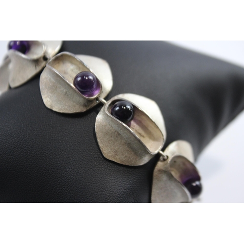 183 - Silver Modernist Bracelet Set With Amethyst