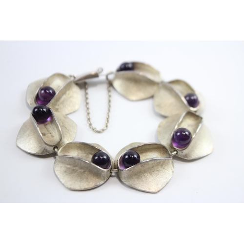 183 - Silver Modernist Bracelet Set With Amethyst