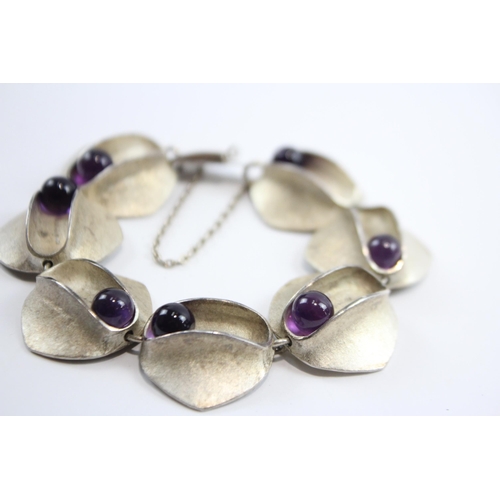 183 - Silver Modernist Bracelet Set With Amethyst