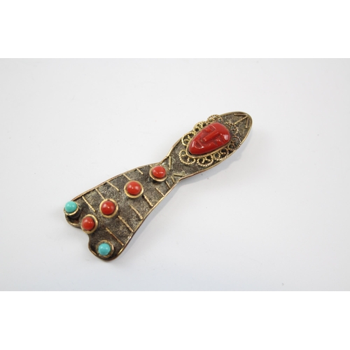 198 - Silver Mexican Brooch With Gemstones