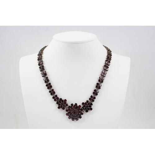 203 - Silver Garnet Floral Design Necklace