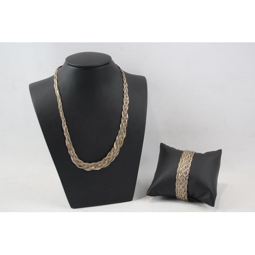 206 - Silver Plaited Necklace And Bracelet Set With Multi Tone Plating