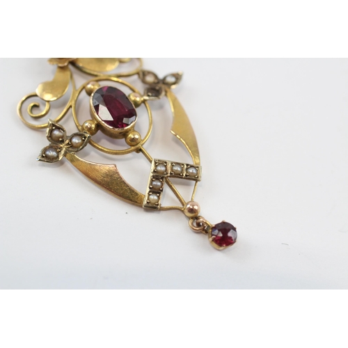 23 - 9ct Gold Antique Garnet & Seed Pearl Lavalier Pendant (2g)