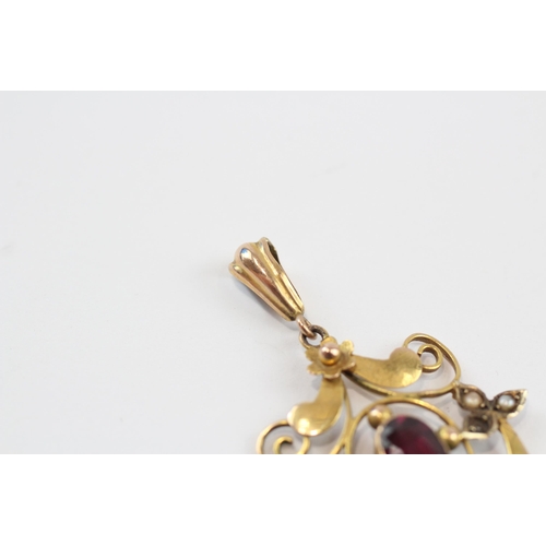 23 - 9ct Gold Antique Garnet & Seed Pearl Lavalier Pendant (2g)