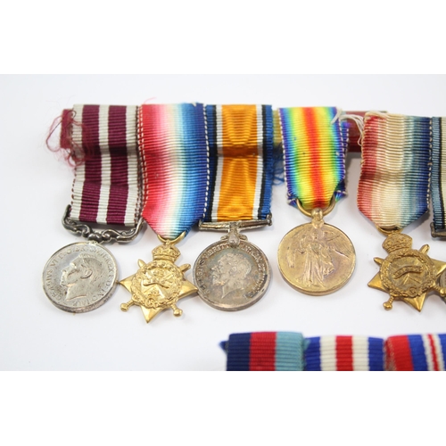 254 - 5 x Mounted Miniature Medal Groups Inc WW1 Trio, GV.I MSM, WW2, Etc