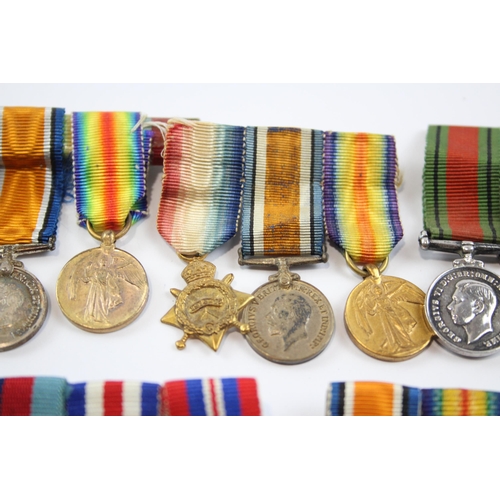 254 - 5 x Mounted Miniature Medal Groups Inc WW1 Trio, GV.I MSM, WW2, Etc