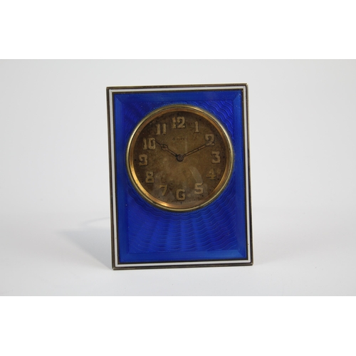 255 - STERLING SILVER & Blue Guilloche Enamel Cased DESK CLOCK Hand-wind C.1930s