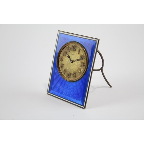 255 - STERLING SILVER & Blue Guilloche Enamel Cased DESK CLOCK Hand-wind C.1930s