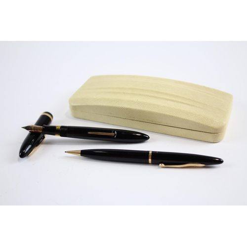 291 - Vintage SHEAFFER Feather Touch Black Fountain Pen w/ Gold Plate Nib, Pencil, Box