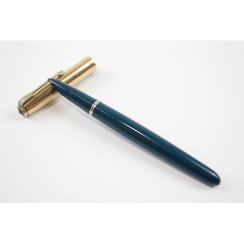 297 - Vintage Parker 51 Teal Fountain Pen w/ 14ct Gold Nib, Gold Plate Cap WRITING