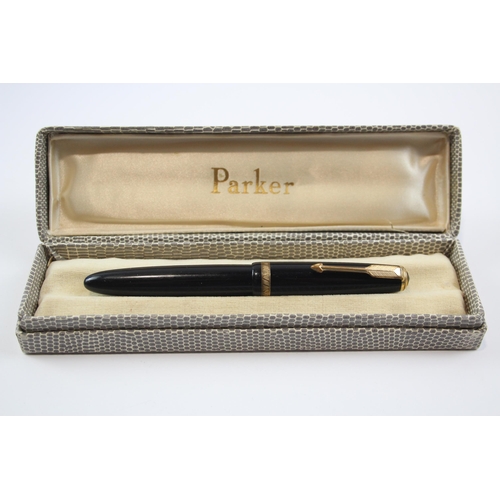 316 - Vintage PARKER Duofold Black FOUNTAIN PEN w/ 14ct Gold Nib WRITING Boxed