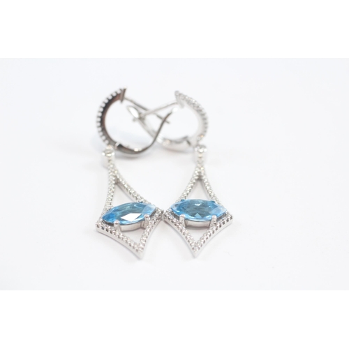 32 - 18ct White Gold Blue Topaz & Diamond Drop Earrings (6.4g)