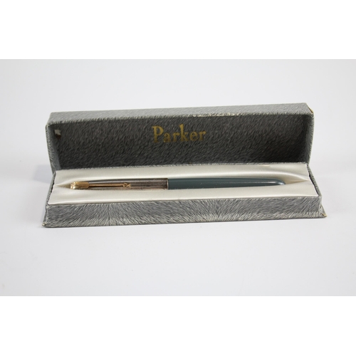 321 - Vintage PARKER 51 Grey FOUNTAIN PEN w/ Rolled Silver Cap WRITING Boxed