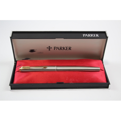 340 - Vintage PARKER 61 Brushed Steel Fountain Pen w/ 14ct Gold Nib WRITING Boxed