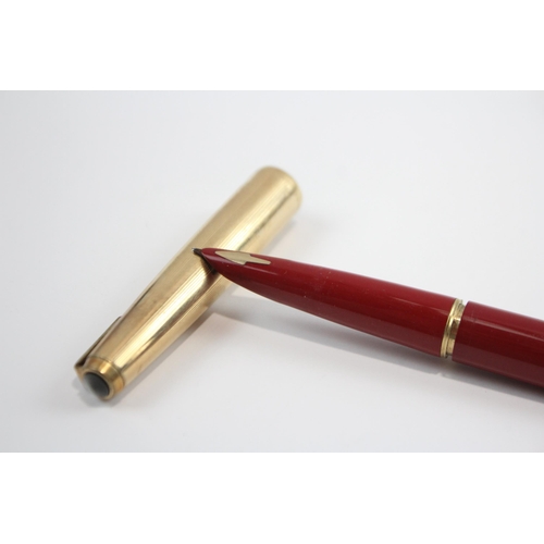 345 - Vintage PARKER 61 Red Fountain Pen w/ 14ct Gold Nib, Gold Plate Cap Etc WRITING