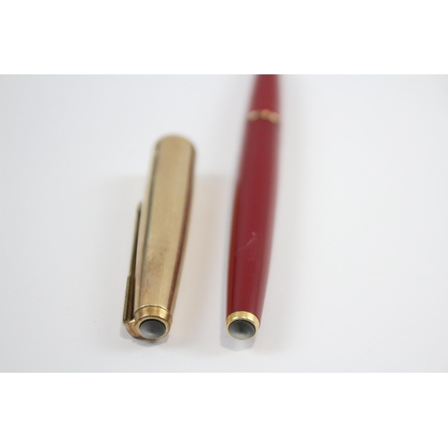 345 - Vintage PARKER 61 Red Fountain Pen w/ 14ct Gold Nib, Gold Plate Cap Etc WRITING