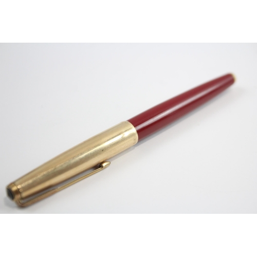 345 - Vintage PARKER 61 Red Fountain Pen w/ 14ct Gold Nib, Gold Plate Cap Etc WRITING