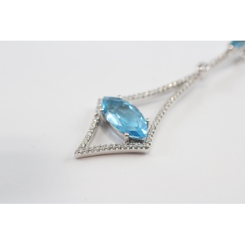 40 - 18ct Gold Blue Topaz & Diamond Ornate Drop Pendant Necklace (5.3g)