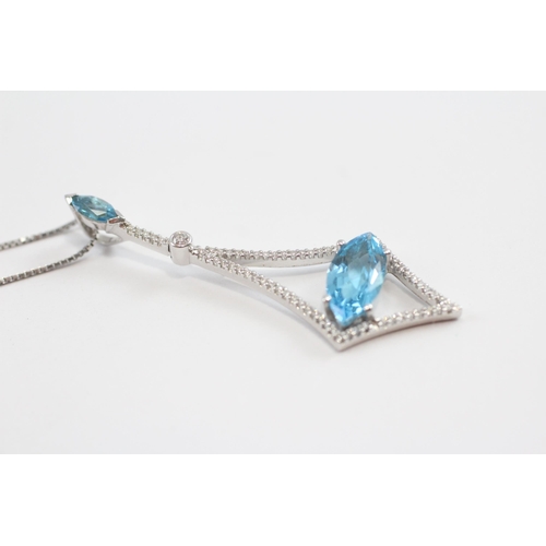 40 - 18ct Gold Blue Topaz & Diamond Ornate Drop Pendant Necklace (5.3g)