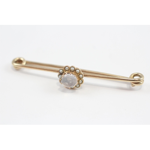 57 - 9ct Gold Antique Moonstone & Seed Pearl Halo Bar Brooch (4.1g)