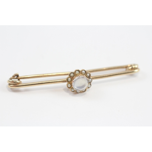 57 - 9ct Gold Antique Moonstone & Seed Pearl Halo Bar Brooch (4.1g)