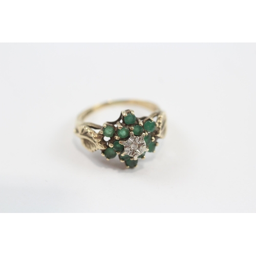 58 - 9ct Gold Diamond & Emerald Vintage Cluster Dress Ring (2.8g) Size  L