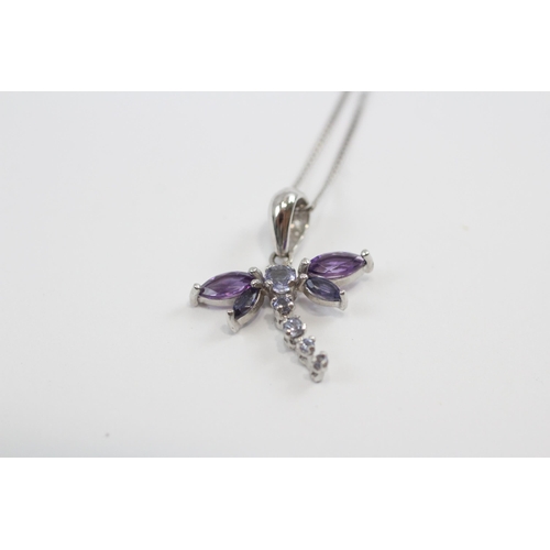 61 - 9ct White Gold Amethyst, Tanzanite & Iolite Dragonfly Pendant Necklace (2.2g)