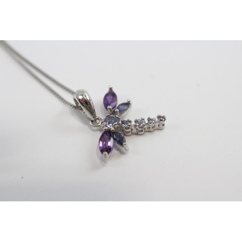 61 - 9ct White Gold Amethyst, Tanzanite & Iolite Dragonfly Pendant Necklace (2.2g)