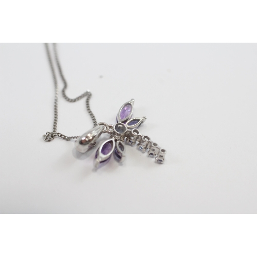 61 - 9ct White Gold Amethyst, Tanzanite & Iolite Dragonfly Pendant Necklace (2.2g)