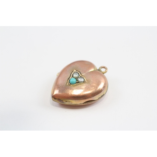 63 - 9ct Gold Antique Turquoise & Pearl Heart Locket (2.8g)