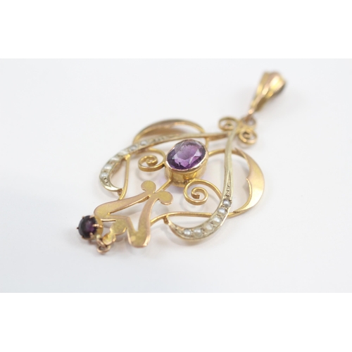 76 - 9ct Gold Amethyst And Seed Pearl Art Nouveau Style Pendant (2.2g)