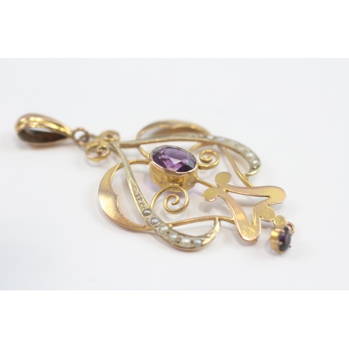 76 - 9ct Gold Amethyst And Seed Pearl Art Nouveau Style Pendant (2.2g)