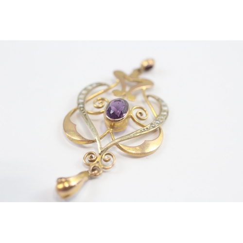 76 - 9ct Gold Amethyst And Seed Pearl Art Nouveau Style Pendant (2.2g)