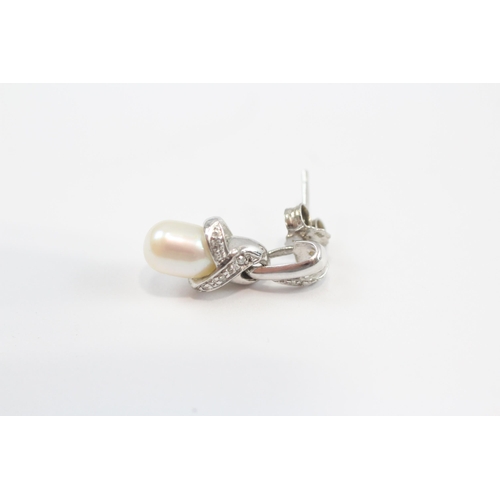 87 - 9ct White Gold Diamond And Cultured Pearl Set Drop Earrings (4.2g)