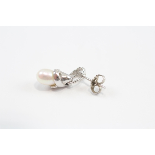 87 - 9ct White Gold Diamond And Cultured Pearl Set Drop Earrings (4.2g)