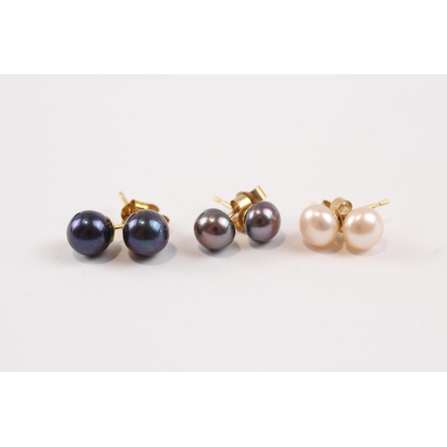 106 - 3 X 9ct Gold Cultured Pearl Stud Earrings In Pink, Black & Blue (2.3g)