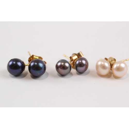 106 - 3 X 9ct Gold Cultured Pearl Stud Earrings In Pink, Black & Blue (2.3g)