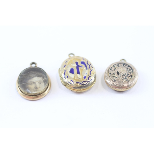 112 - 3 X 9ct Gold Back And Front Antique Enamel Mourning Lockets - As Seen (9.1g)