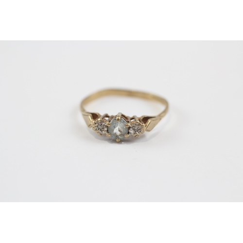 126 - 9ct Gold Diamond & Aquamarine Three Stone Ring (1.5g) Size  O