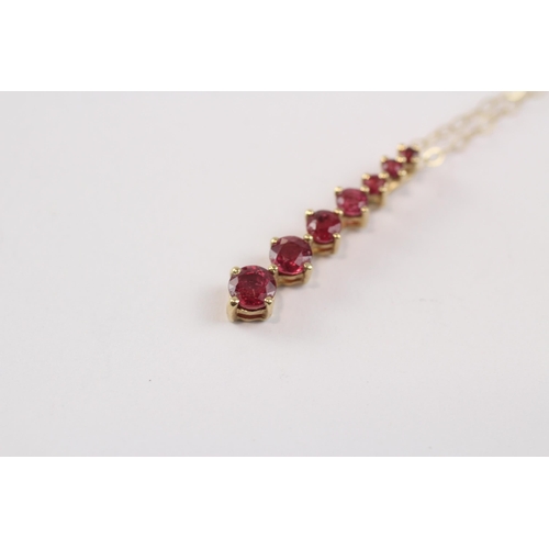 129 - 9ct Gold Ruby Five Stone Bar Pendant Necklace (1g)